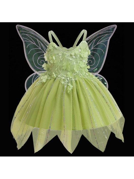 Fatina Vestito Carnevale Bambina Tulle Verde Glitter Fairy Costume Dress TRIL01